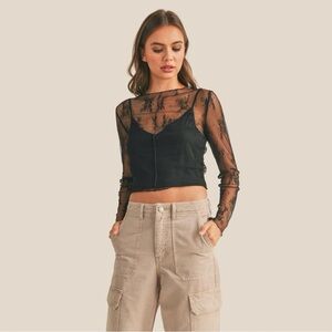 Miou Muse Sheer Floral Black Crop Top with Blouse Sleeves